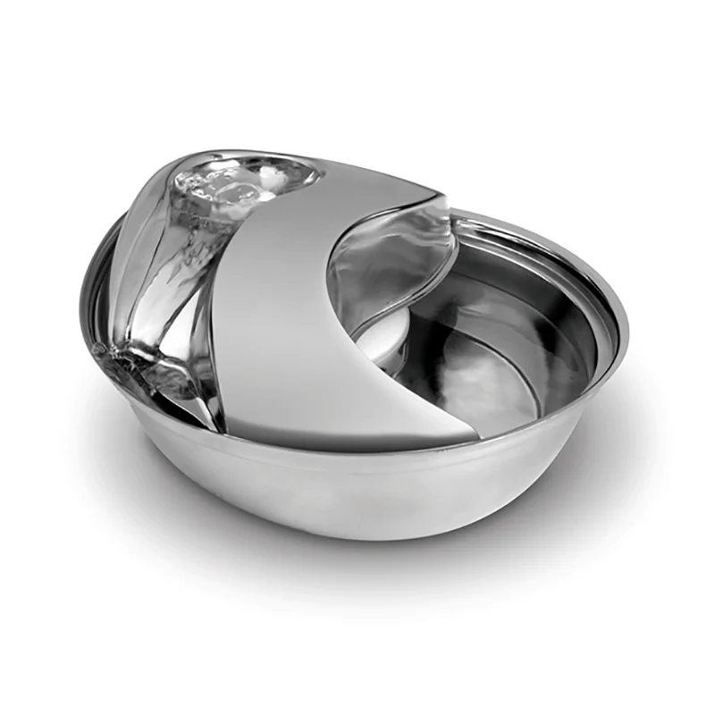 Pioneer Pet Raindrop stainless fountain with a sloped upper drinking surface