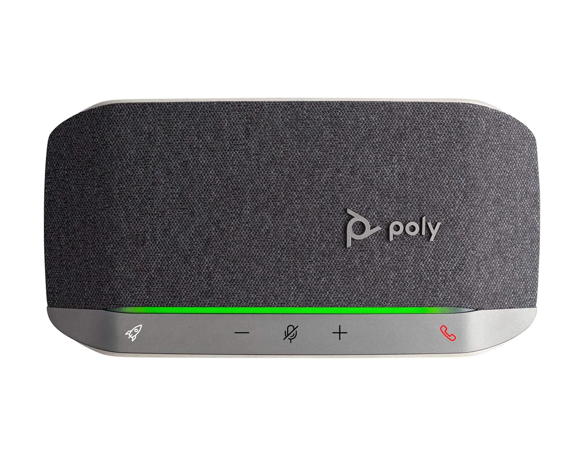 Poly Sync 20 speakerphone showing fabric grille, mute, volume and call controls