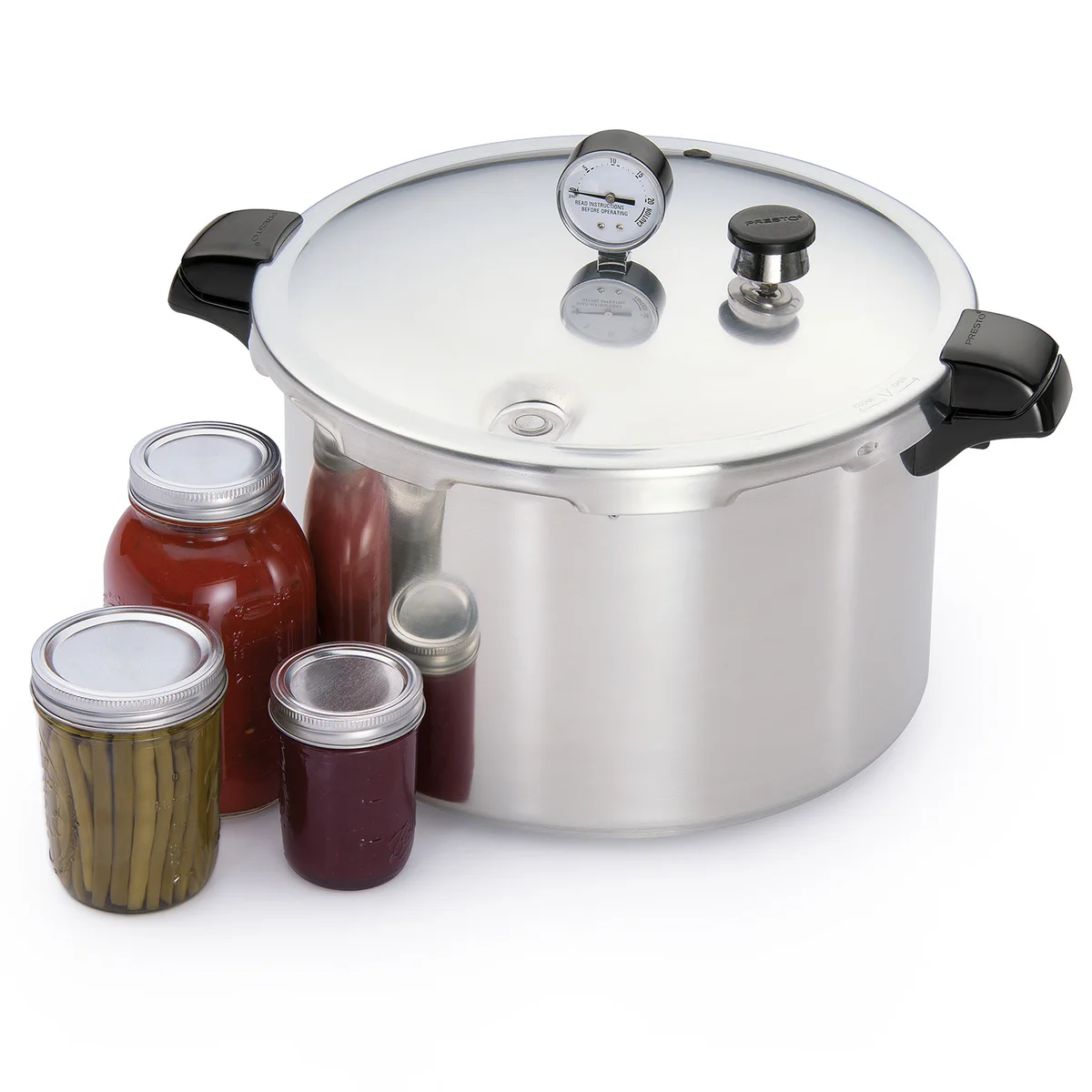 Presto 01755 16-quart pressure canner with dial gauge and preserving jars