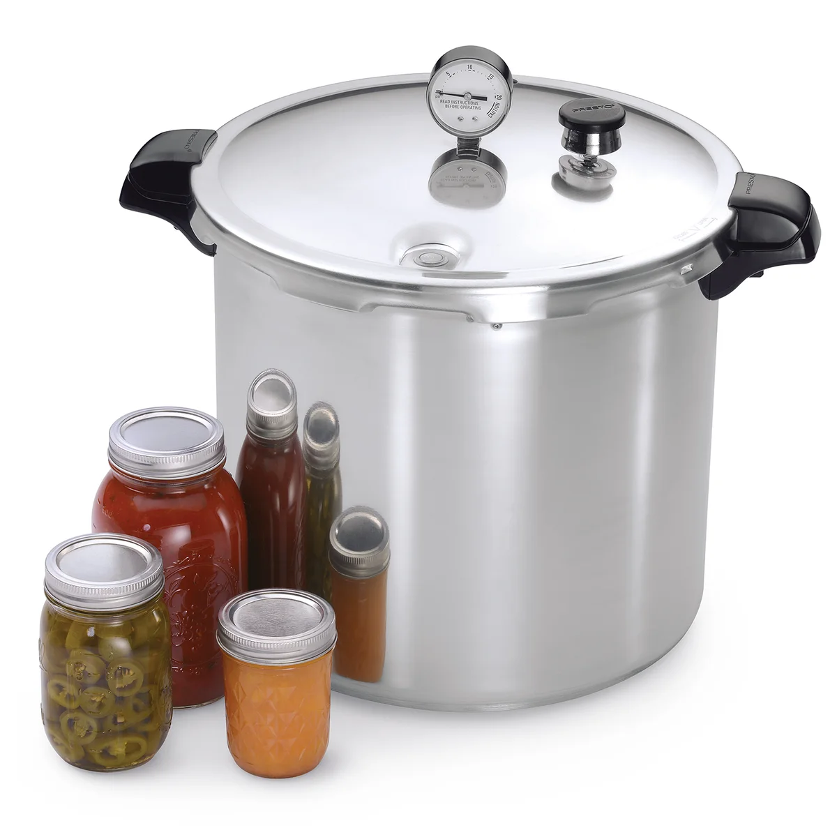 Presto 01781 polished-aluminum pressure canner with gauge and jars