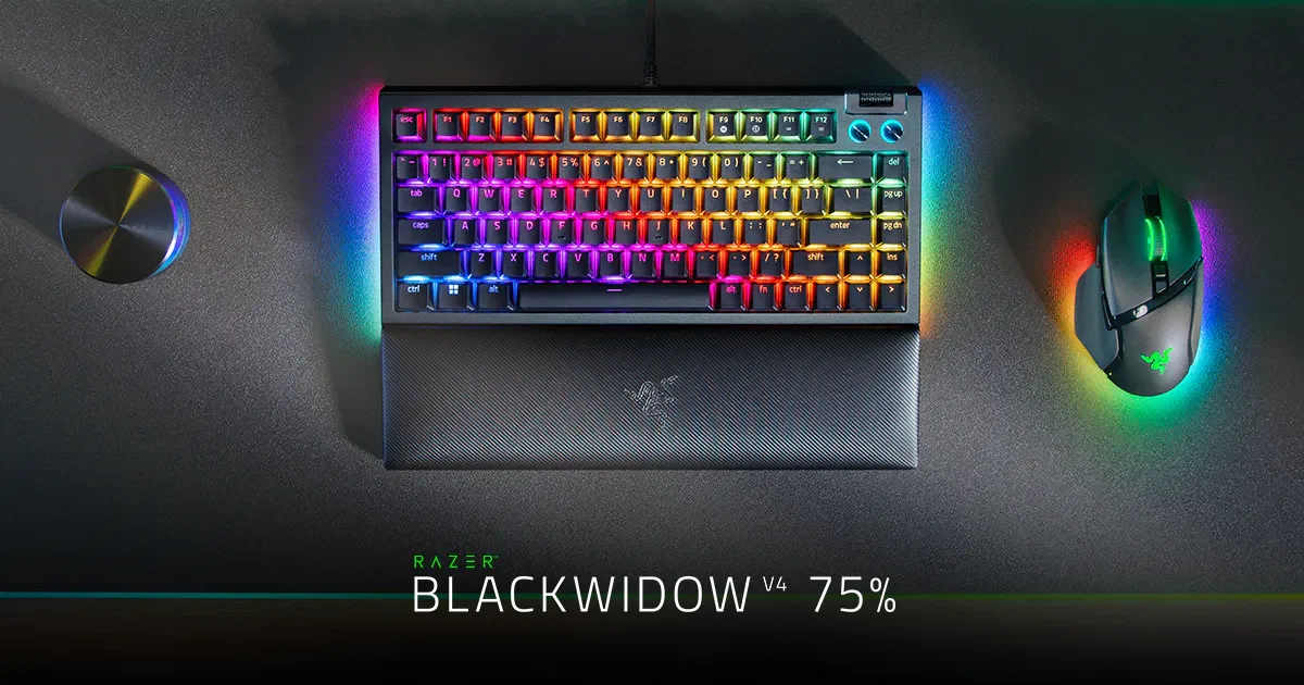 Black Razer BlackWidow V4 75% keyboard with function row, arrows, roller and wrist rest
