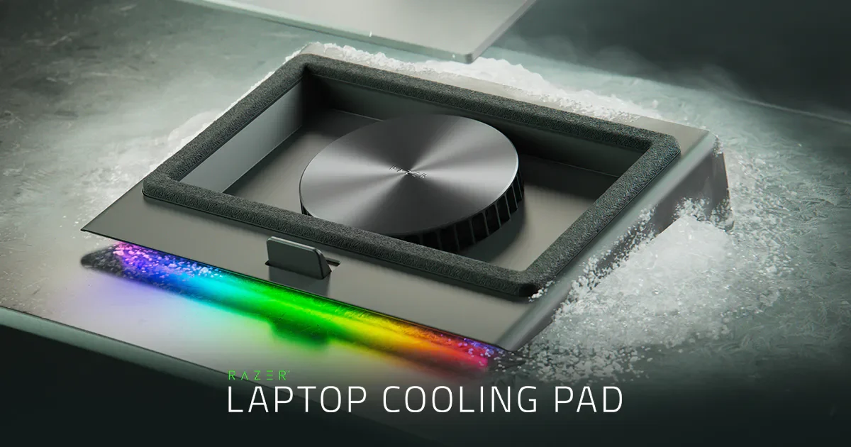 Razer Laptop Cooling Pad showing its central blower, foam seal and illuminated front edge