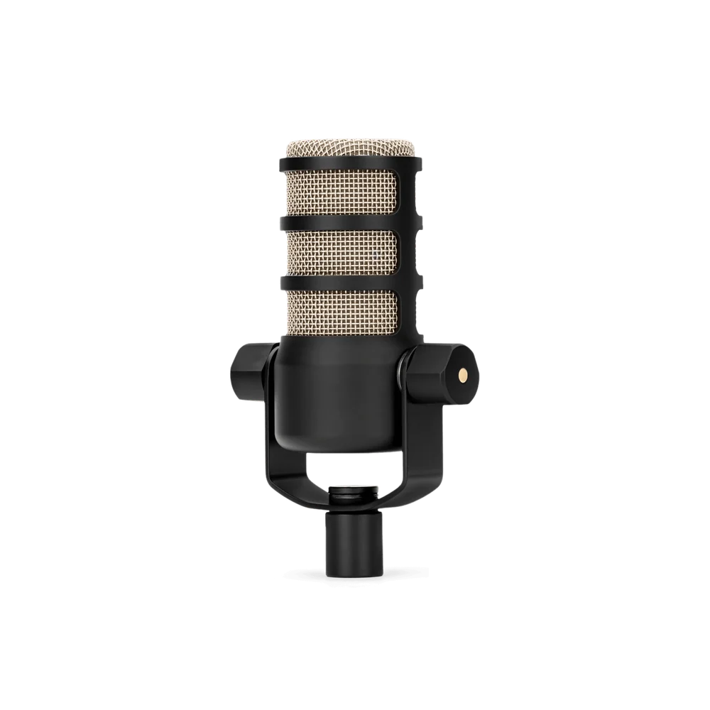 Original black RODE PodMic XLR microphone with metal grille and integrated yoke