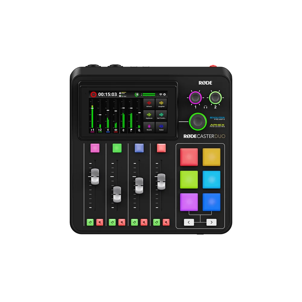 Black RODECaster Duo with four physical faders, touchscreen and six colored SMART pads