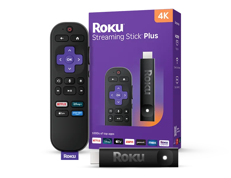 Roku Streaming Stick Plus 4K with its voice remote and retail box