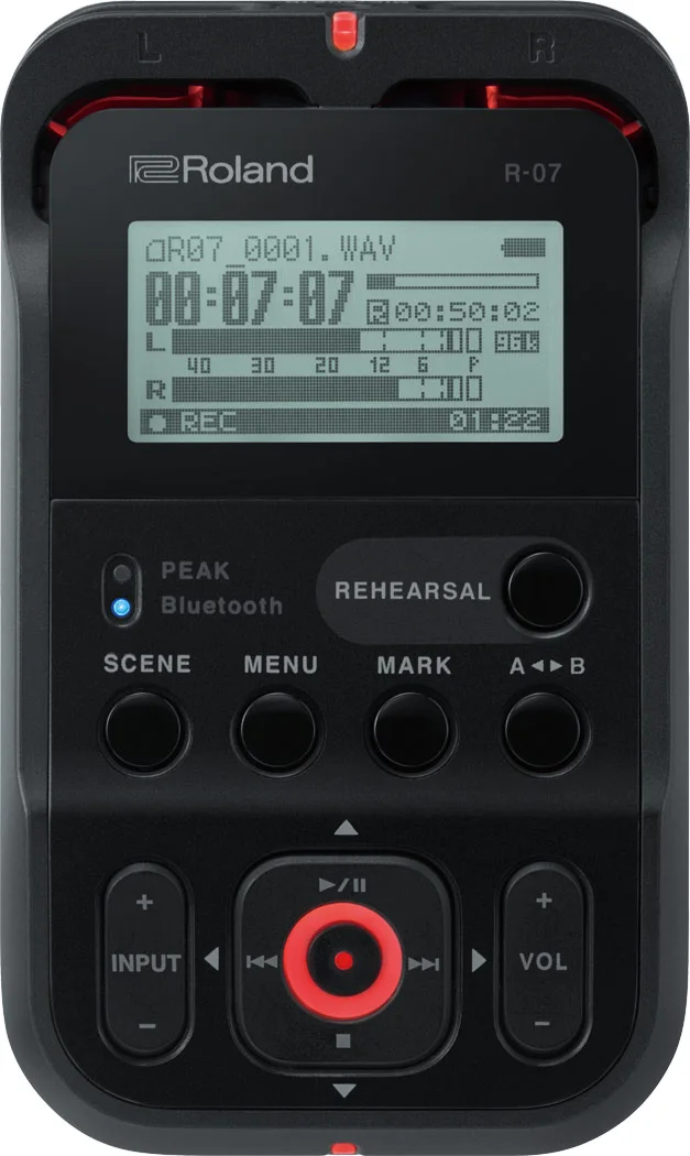 Black Roland R-07 portable recorder with screen and front recording button