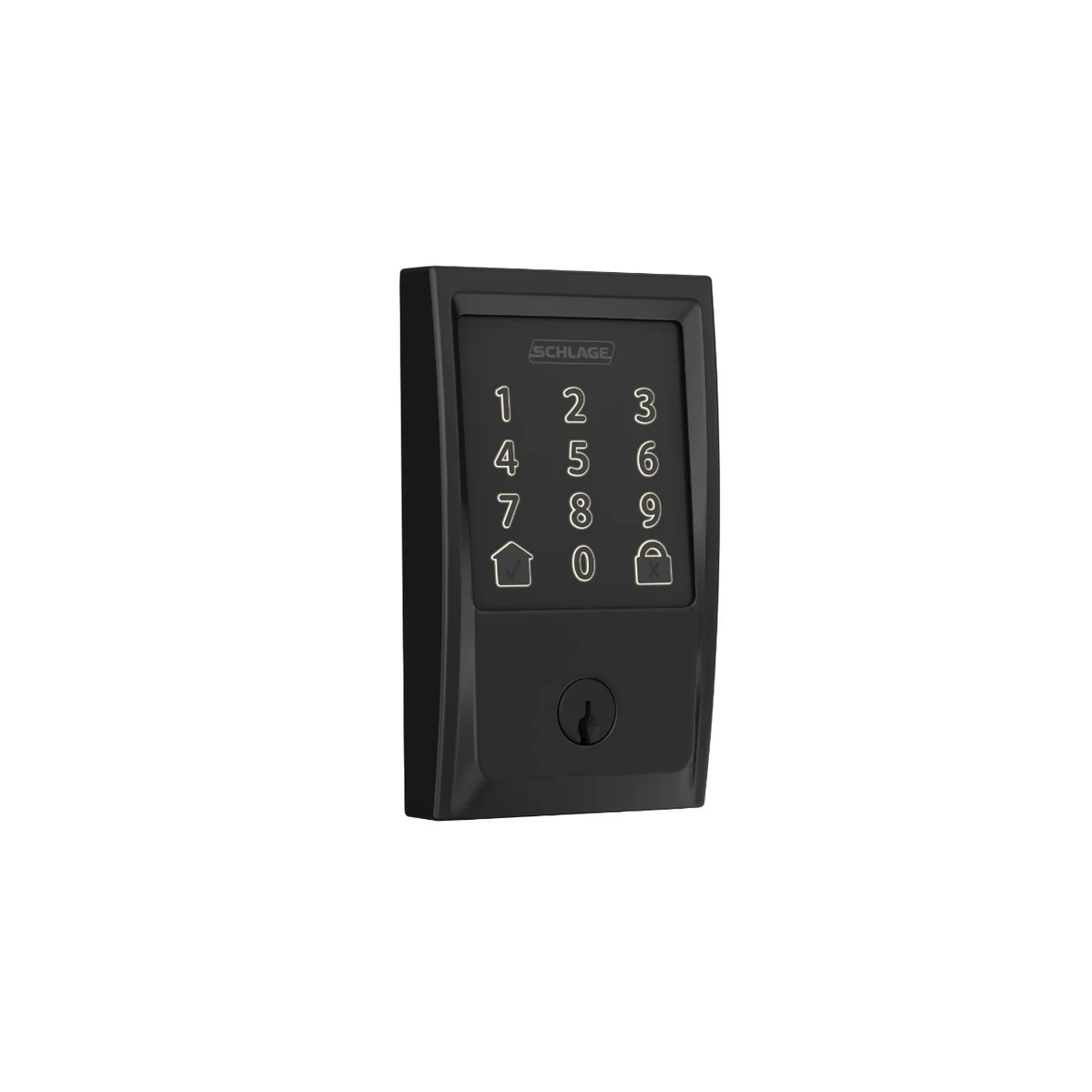Schlage Encode Century matte-black touchscreen deadbolt and key cylinder