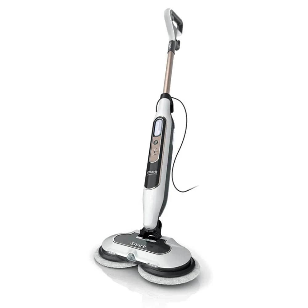 Shark S8201 white and brass steam mop with two circular pads and handle-mounted steam trigger