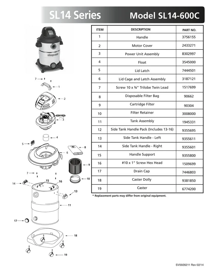 Shop-Vac manufacturer's parts illustration of the 5926211 stainless 12-gallon wet/dry vacuum