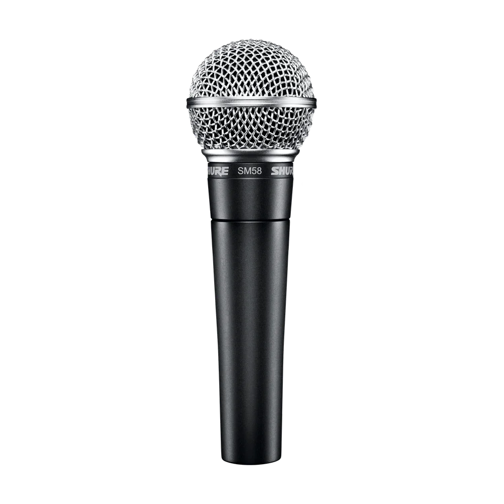Shure SM58 handheld microphone with silver mesh grille and dark handle