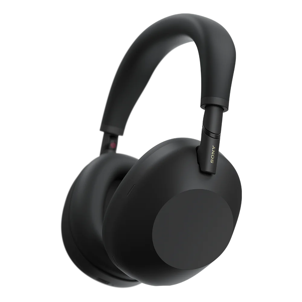 Black Sony WH-1000XM6 headphones with folding hinges and padded earcups