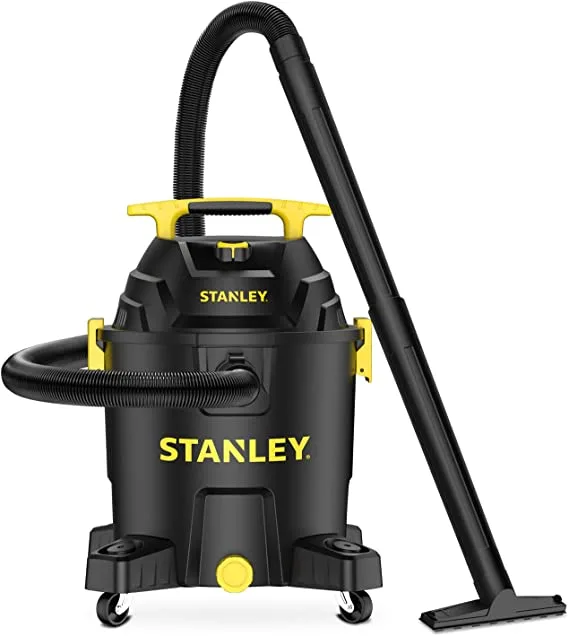 Black and yellow Stanley SL18701P-10A 10-gallon wet/dry vacuum with hose