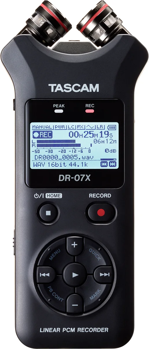 Tascam DR-07X with its adjustable microphones arranged in X-Y position