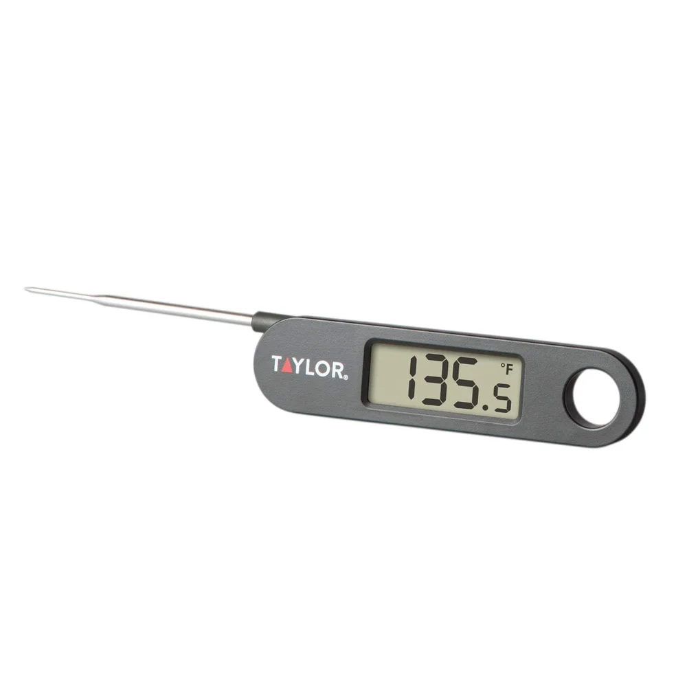 Black Taylor 1476 thermometer with folding metal probe and LCD