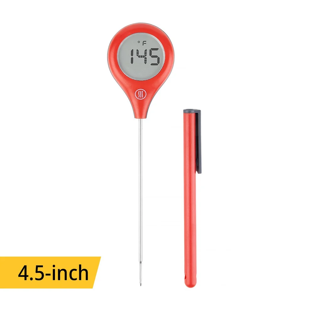 Red ThermoWorks ThermoPop 2 with straight 4.5-inch probe and protective sheath