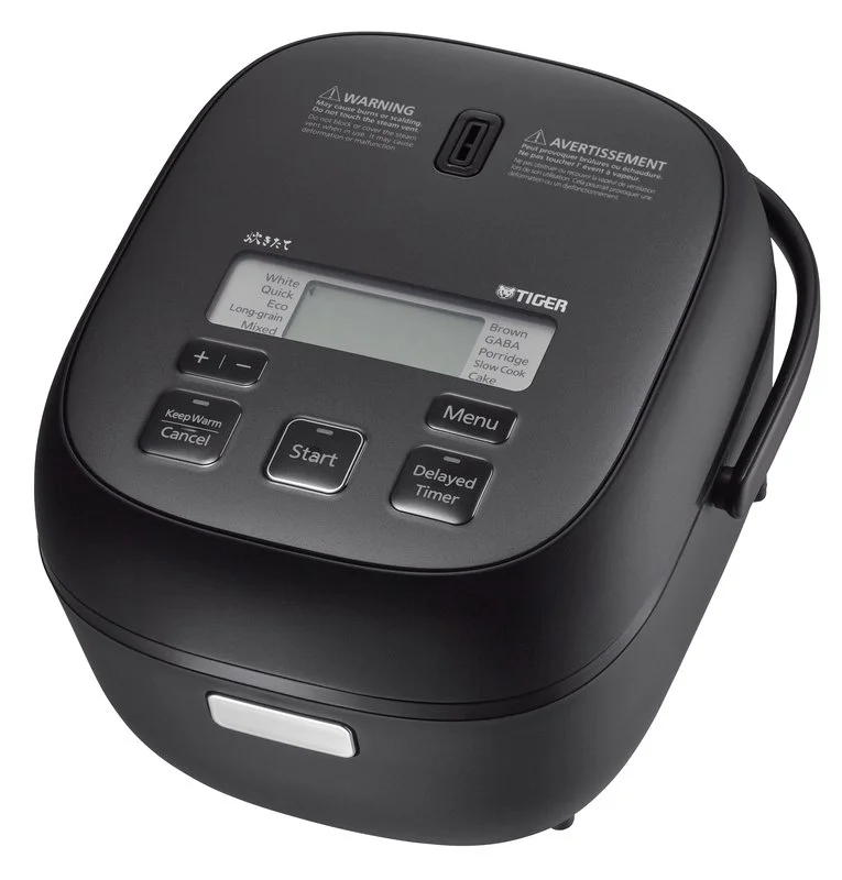 Black Tiger JBS-A55U rice cooker with top-mounted menu buttons and carrying handle