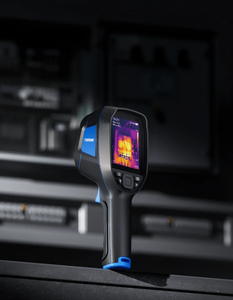 Current TOPDON TC004 handheld thermal camera with blue side panels and a 3.5-inch screen