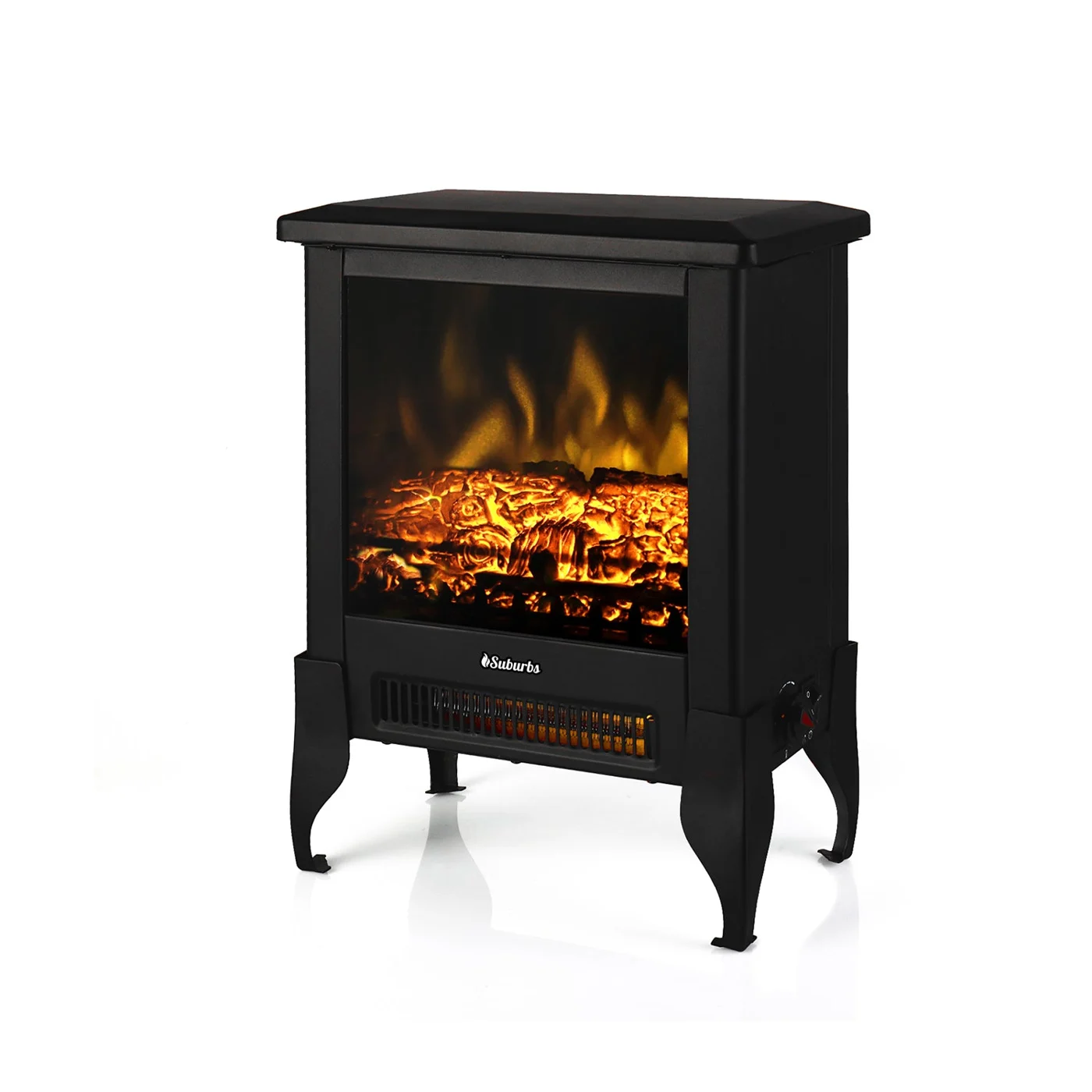 Black TURBRO Suburbs TS17 freestanding electric stove with illuminated logs and four legs