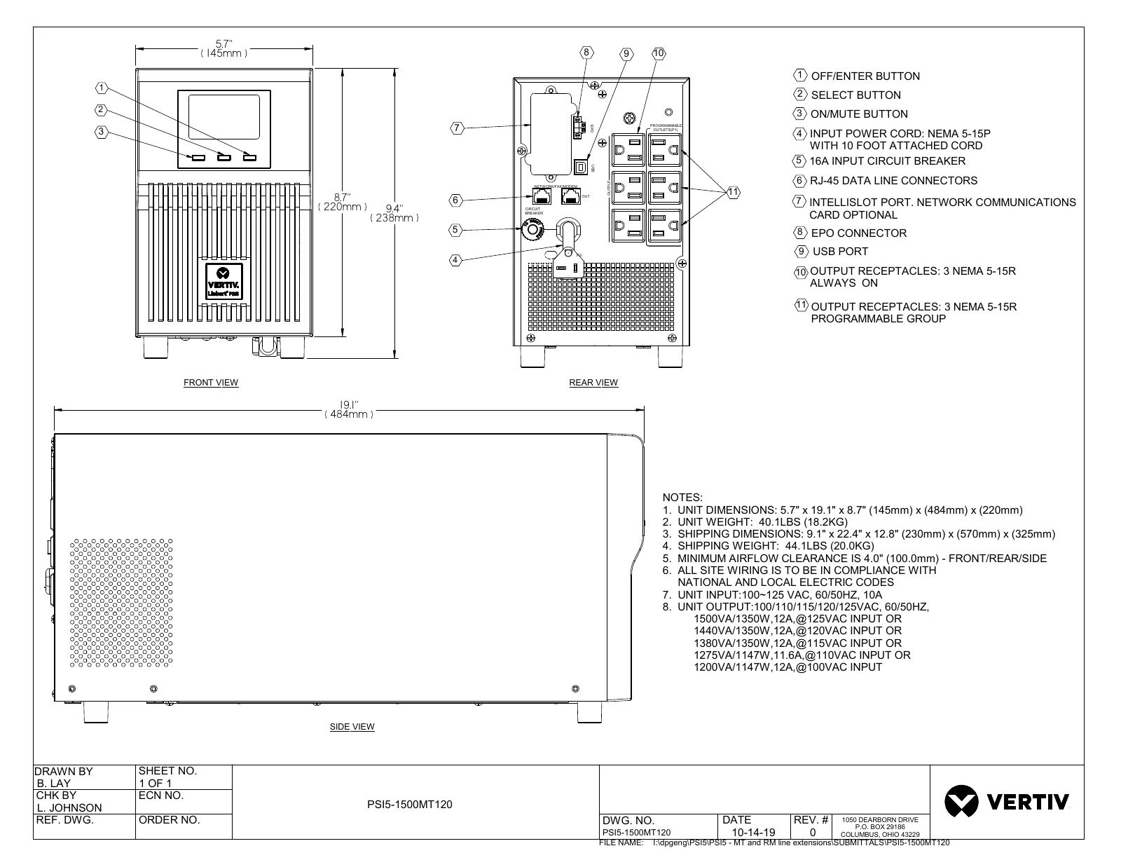Vertiv PSI5-1500MT120 outline drawing showing the complete tower, rear outlets and 19.1-inch depth