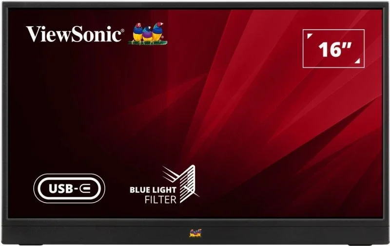 ViewSonic VA1655 portable monitor shown from the front with its integrated stand