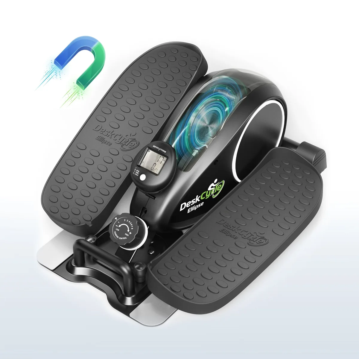 Black DeskCycle Ellipse with magnetic-resistance dial, wide pedals and removable display