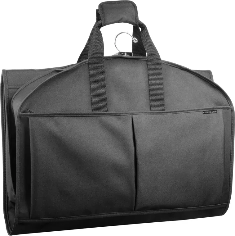 Black WallyBags 48-inch Deluxe garment bag folded into its three-panel carrying shape