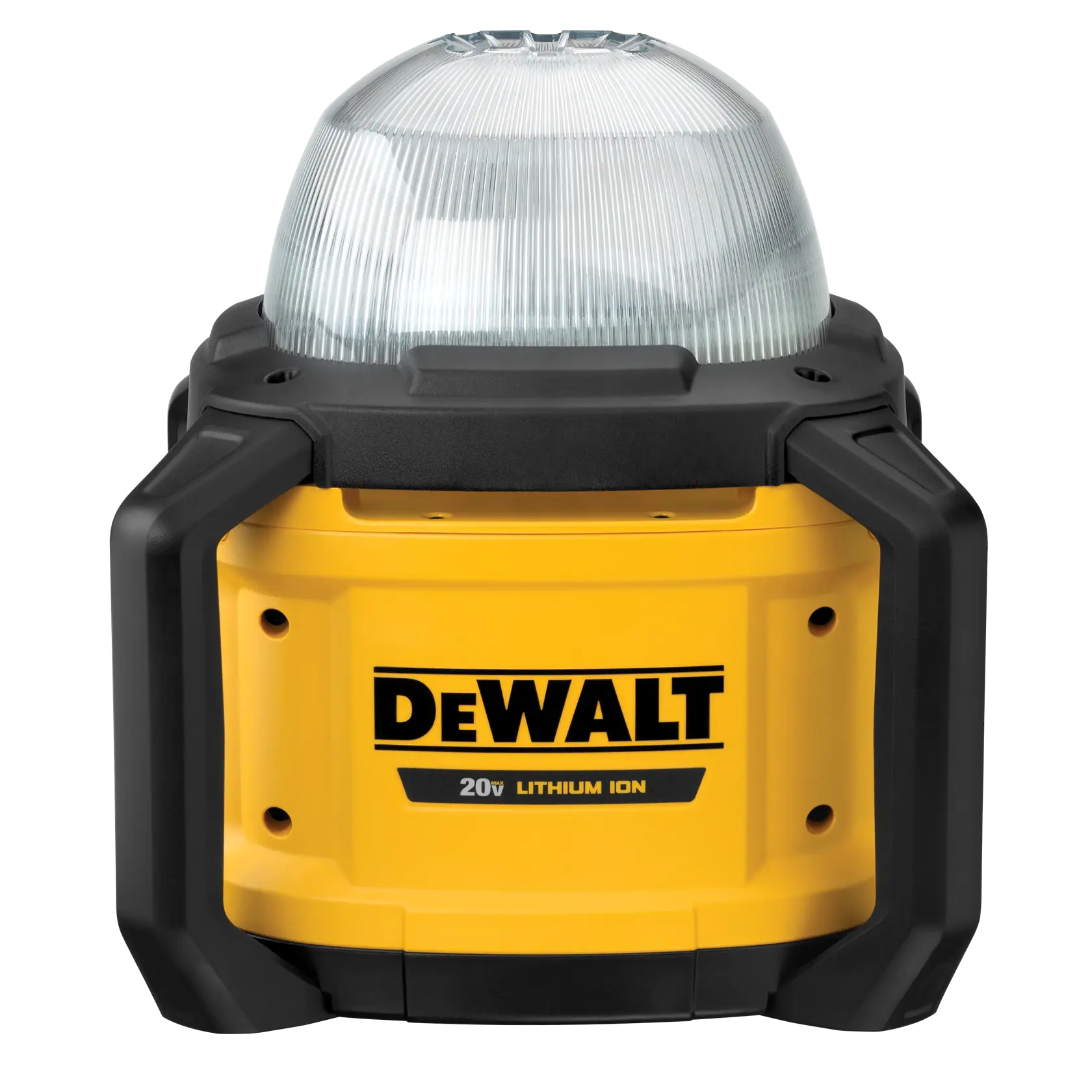DEWALT DCL074 yellow cylindrical area light with clear dome and protective frame