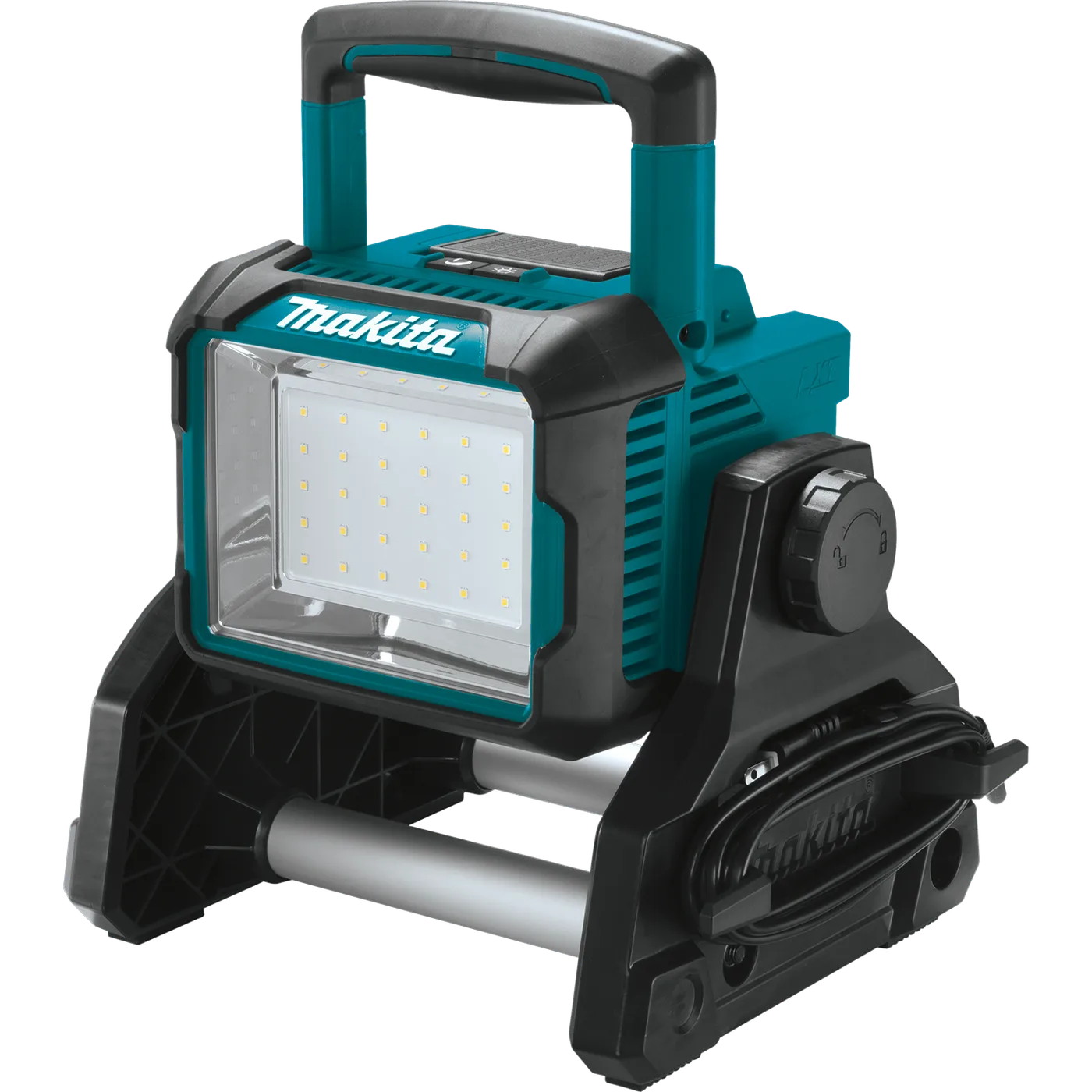 Makita DML811 teal 18V LXT work light with handle, flood panel, and base