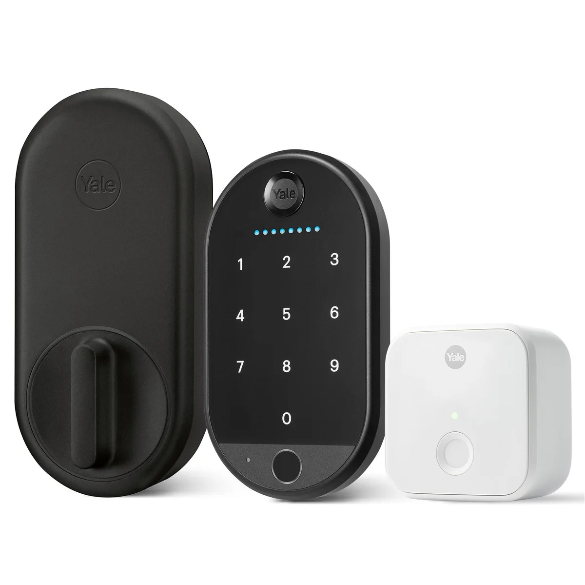 Black-suede Yale Approach interior lock, Keypad Touch and white Connect Wi-Fi bridge