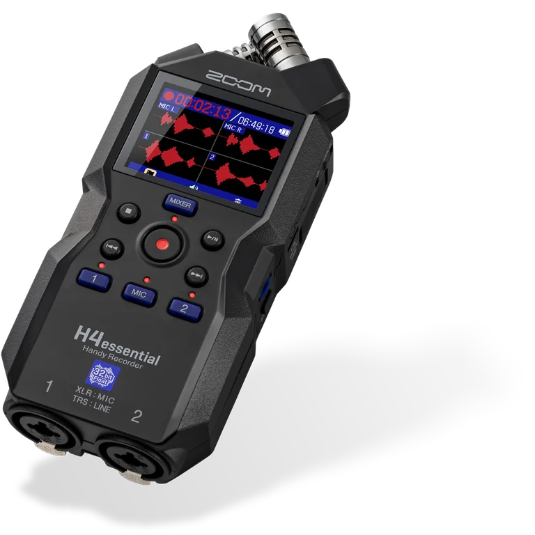 Zoom H4essential recorder showing its crossed stereo microphones, screen and two XLR/TRS inputs